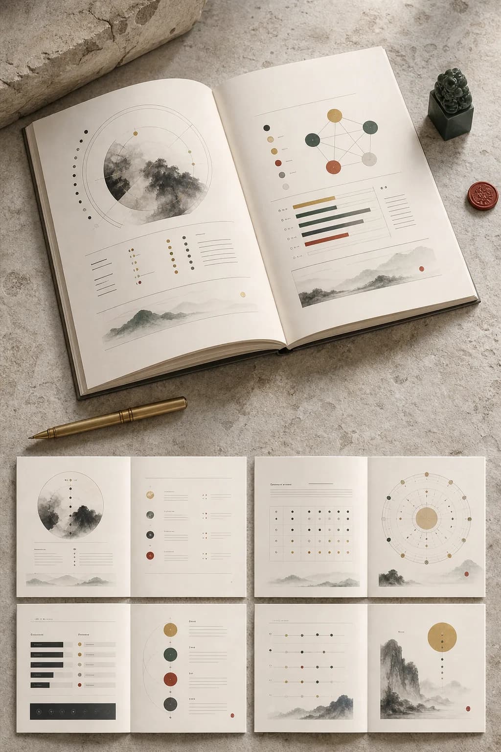Mockup editorial de un reporte BaZi con graficos abstractos